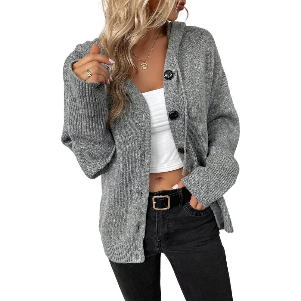 Women's Knit Hooded Cardigan Gray Large Relaxed Fit Button Down V Neck